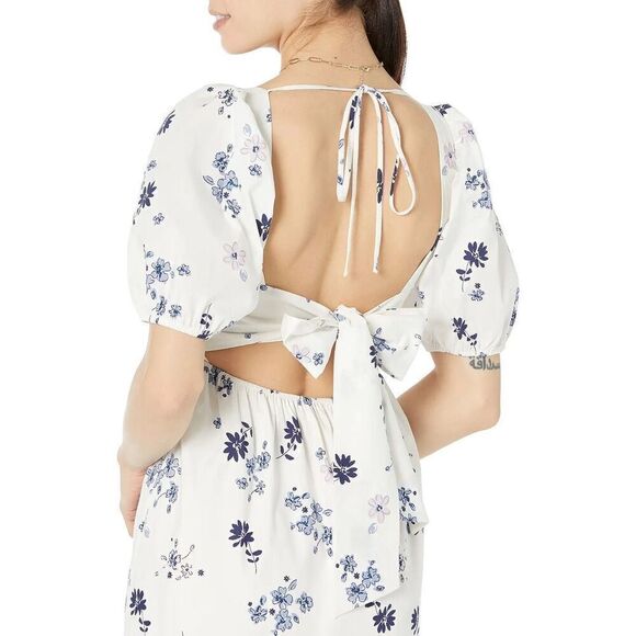 WAYF Women's Tie Back Puff Sleeve Midi Dress Ivory Stamp Floral size S NWT $128 - Picture 3 of 6